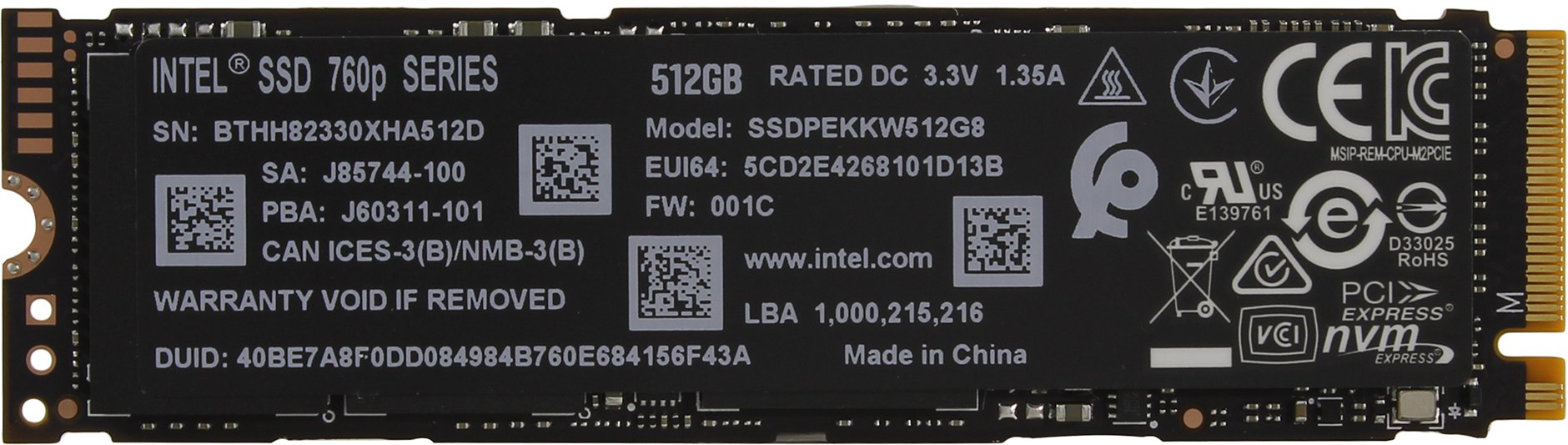 Твердотельный накопитель (SSD) Intel 512Gb 760p, 2280, M.2, NVMe (SSDPEKKW512G8XT) - фото 1