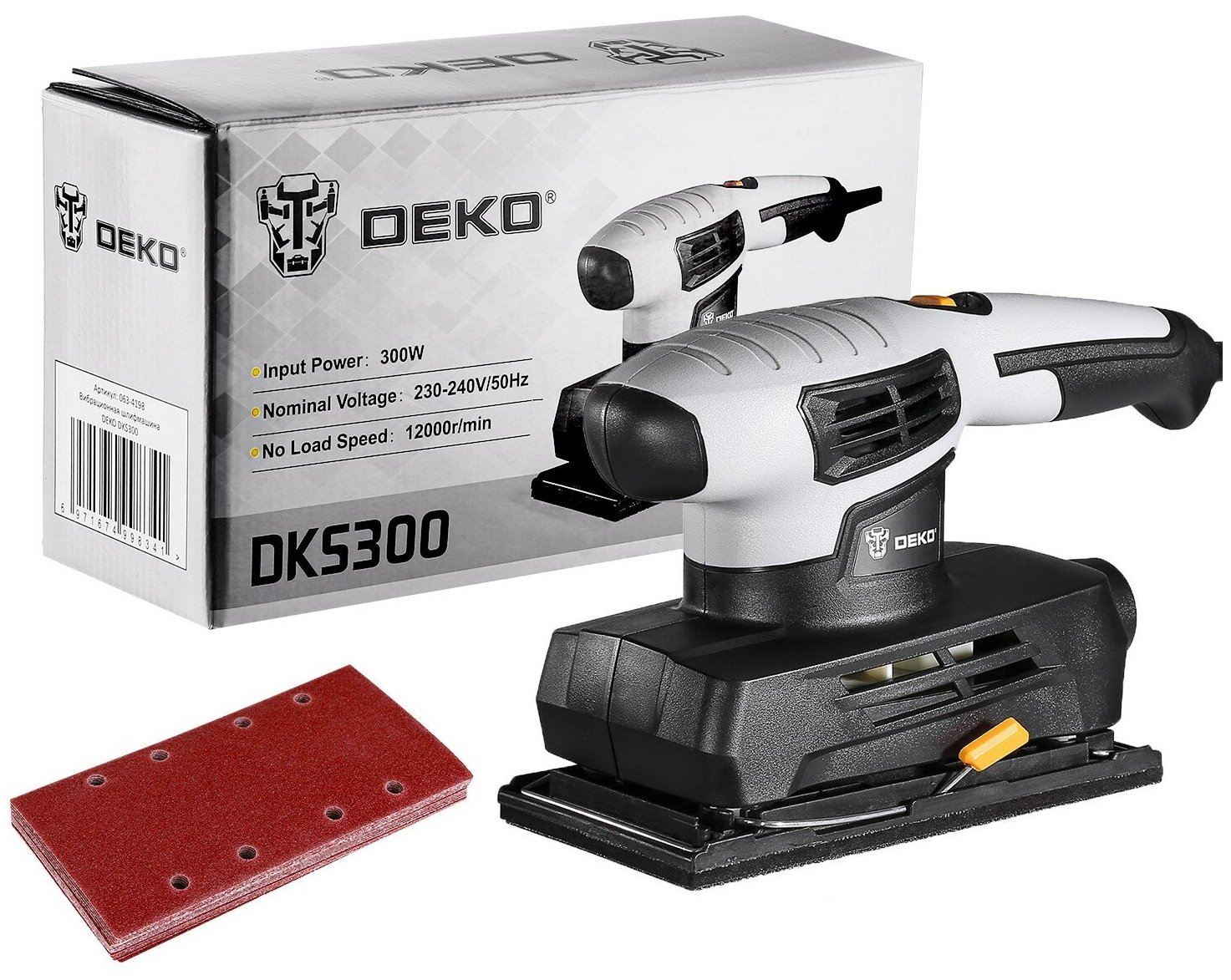 

Вибрационная шлифмашина Deko DKS300, сетевая, 300 Вт, 12000 кол/мин, 1.4 кг (063-4198), DKS300