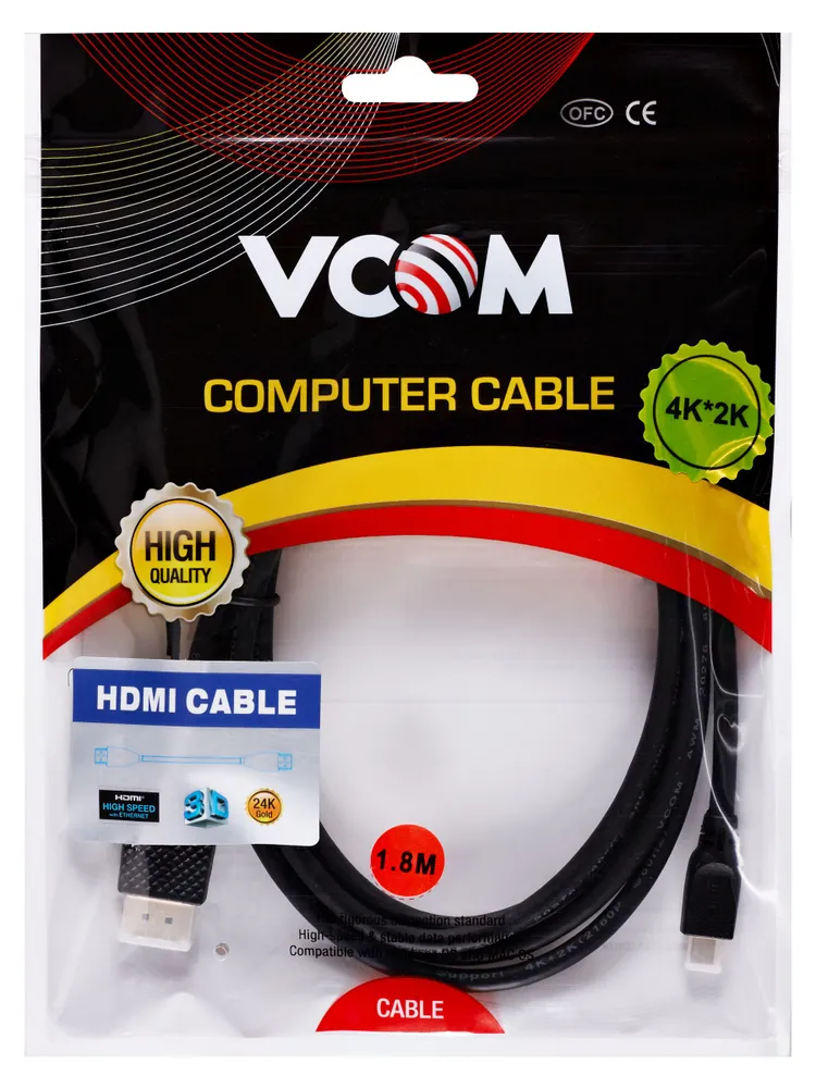 Кабель-переходник (адаптер) HDMI(19M)-Micro HDMI(19M) v1.4 4K, экранированный, 1.8м, черный VCOM (CG587-1.8M) - фото 1