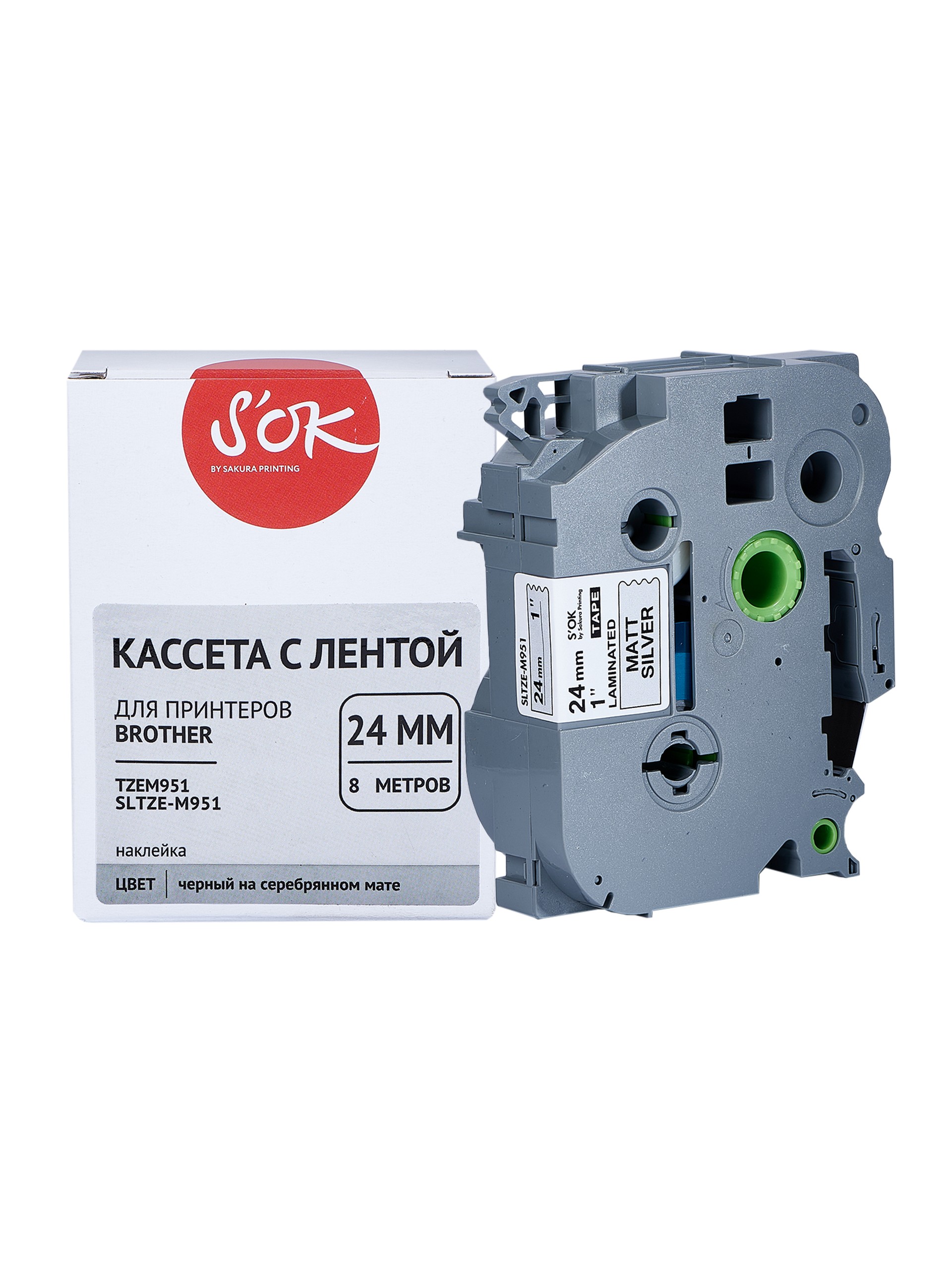 

Кассета с лентой SAKURA TZeM951, 2.4 см x 8 м, черный на серебристом, совместимая (SLTZEM951), TZeM951