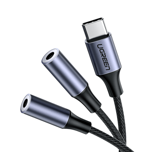 

Кабель-разветвитель USB Type-C(M)-2xJack 3.5mm(F), экранированный, 20см, серебристый UGREEN AV144 (30732), AV144