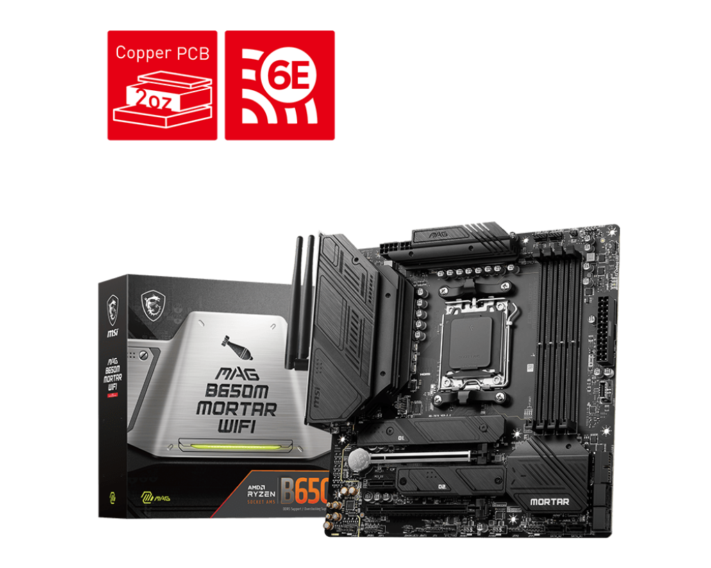 Материнская плата MSI MAG B650M MORTAR WIFI, AM5, AMD B650, 4xDDR5 DIMM, 2PCI-Ex16, 6SATA3, 7.1-ch, 2.5GLAN, 9 USB 3.2, 2 USB Type-C, HDMI, DP, mATX, Retail