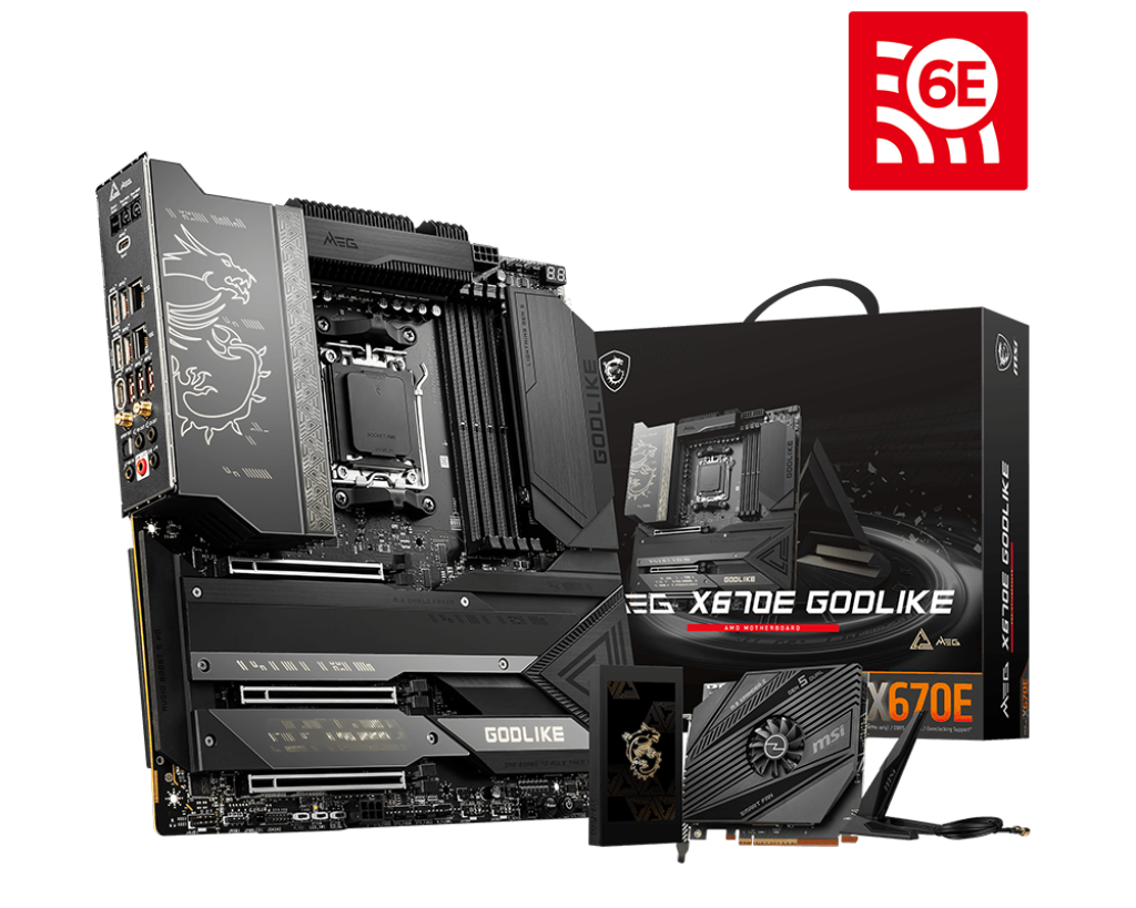 Материнская плата MSI MEG X670E GODLIKE, AM5, AMD X670, 4xDDR5 DIMM, 3PCI-Ex16, 8SATA3, 7.1-ch, 2.5GLAN, 10GLAN, 11 USB 3.2, 4 USB Type-C, EATX, Retail