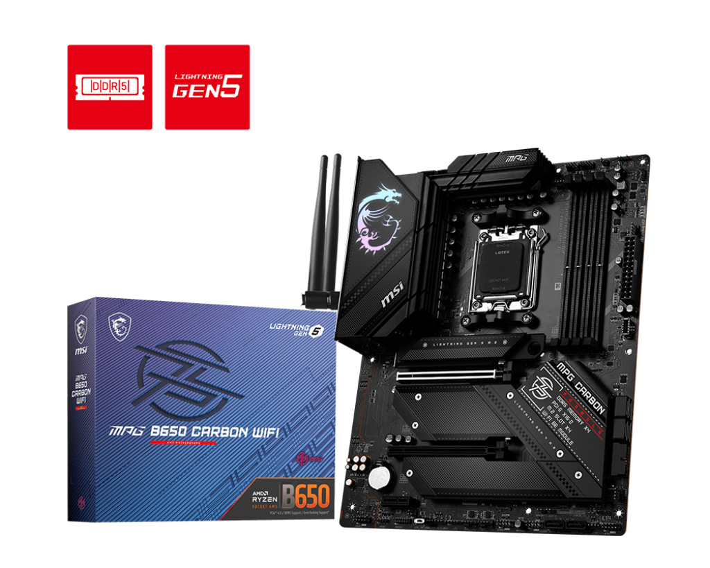 

Материнская плата MSI MPG B650 CARBON WIFI, AM5, AMD B650, 4xDDR5 DIMM, 2PCI-Ex16, 6SATA3, 7.1-ch, 2.5GLAN, 9 USB 3.2, 2 USB Type-C, HDMI, DP, ATX, Retail, MPG B650 CARBON WIFI