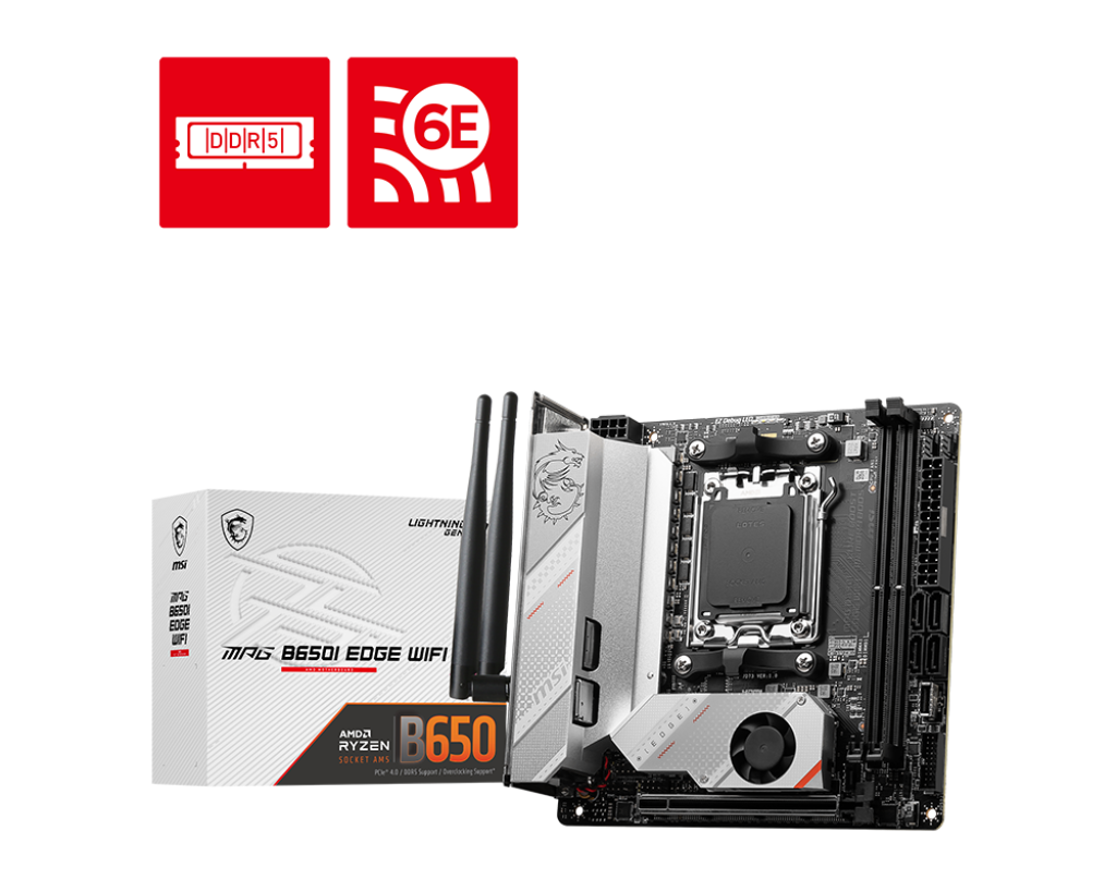 Материнская плата MSI MPG B650I EDGE WIFI, AM5, AMD B650, 2xDDR5 DIMM, PCI-Ex16, 4SATA3, 7.1-ch, 2.5GLAN, 7 USB 3.2, 2 USB Type-C, HDMI, mini-ITX, Retail