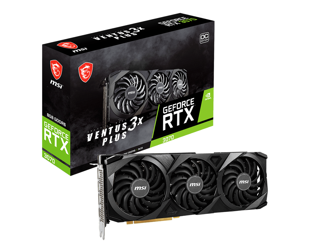 

Видеокарта MSI NVIDIA GeForce RTX 3070 VENTUS 3X PLUS , 8Gb DDR6, 256bit, PCI-E, HDMI, 3DP, Retail (RTX 3070 VENTUS 3X PLUS 8G LHR), VENTUS 3X PLUS