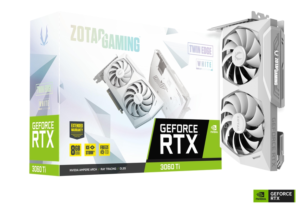 

Видеокарта ZOTAC NVIDIA GeForce RTX 3060Ti Twin Edge White Edition, 8Gb DDR6X, 256bit, PCI-E, HDMI, 3DP, Retail (ZT-A30620J-10P), Twin Edge White Edition