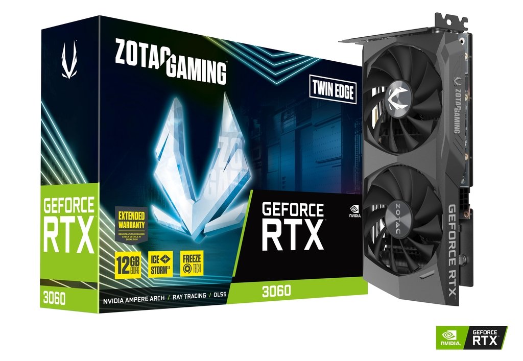 

Видеокарта ZOTAC NVIDIA GeForce RTX 3060 Twin Edge, 8Gb DDR6, 128 бит, PCI-E, HDMI, 3DP, Retail (ZT-A30630E-10M), Twin Edge