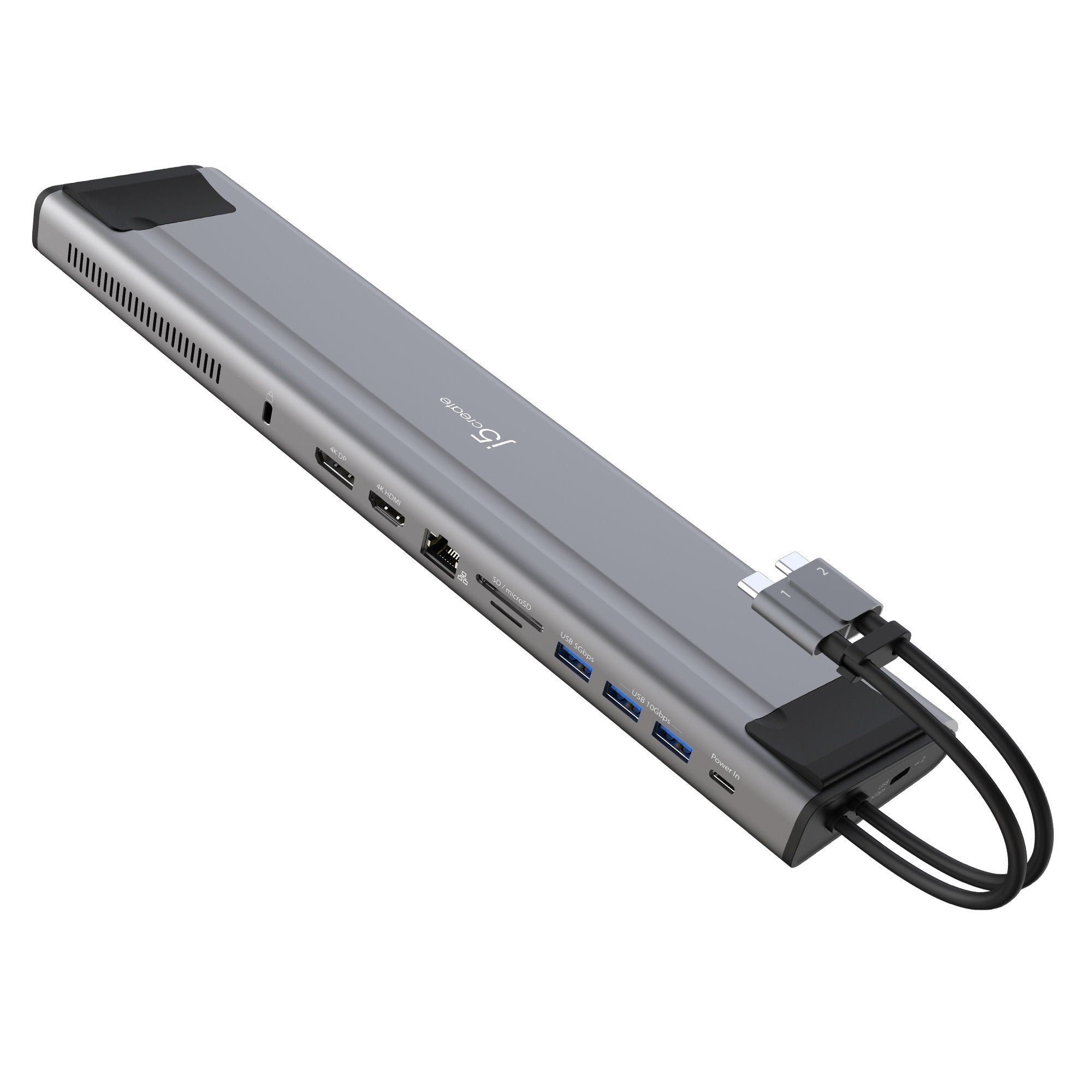 Док-станция j5create M.2 NVMe USB-C Gen 2 Docking Station, M.2 NVMe/SATA slot (2230,2242,2260,2280), USB-C 3.2 Gen 2, USB-C Power Delivery 3.0, 2xUSB Type-A 3.2 Gen 2, USB Type-A 3.2 Gen 1, 4K HDMI, 4K DisplayPort, SD & microSD 3.0, RJ45 и Security Lock Slot, серый (JCD552)