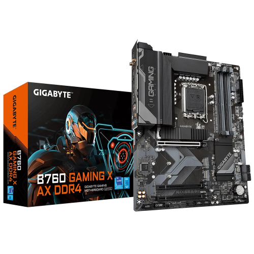 

Материнская плата GIGABYTE B760 GAMING X AX DDR4, Socket1700, Intel B760, 4xDDR4, 3PCI-Ex16, 4SATA3, 7.1-ch, 2.5GLAN, 5 USB 3.2, 1 USB Type-C, HDMI, DP, ATX, Retail, B760 GAMING X AX DDR4