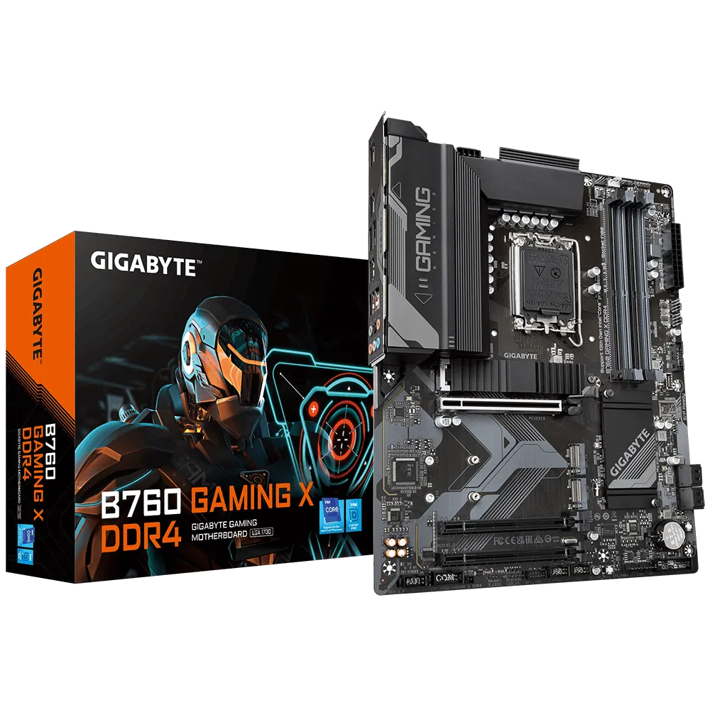 

Материнская плата GIGABYTE B760 GAMING X DDR4, Socket1700, Intel B760, 4xDDR4, 3PCI-Ex16, 4SATA3, 7.1-ch, 2.5GLAN, 5 USB 3.2, 1 USB Type-C, HDMI, DP, ATX, Retail, B760 GAMING X DDR4