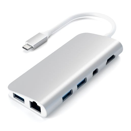 Док-станция Satechi Aluminum Type-C Multimedia Adapter для Apple, USB Type-C Power Delivery (49W), 3хUSB 3.0, 4K HDMI (3.0Hz), 4K mini DisplayPort (3.0Hz), Gigabit Ethernet, micro/SD, серебристый (ST-TCMM8PAS)