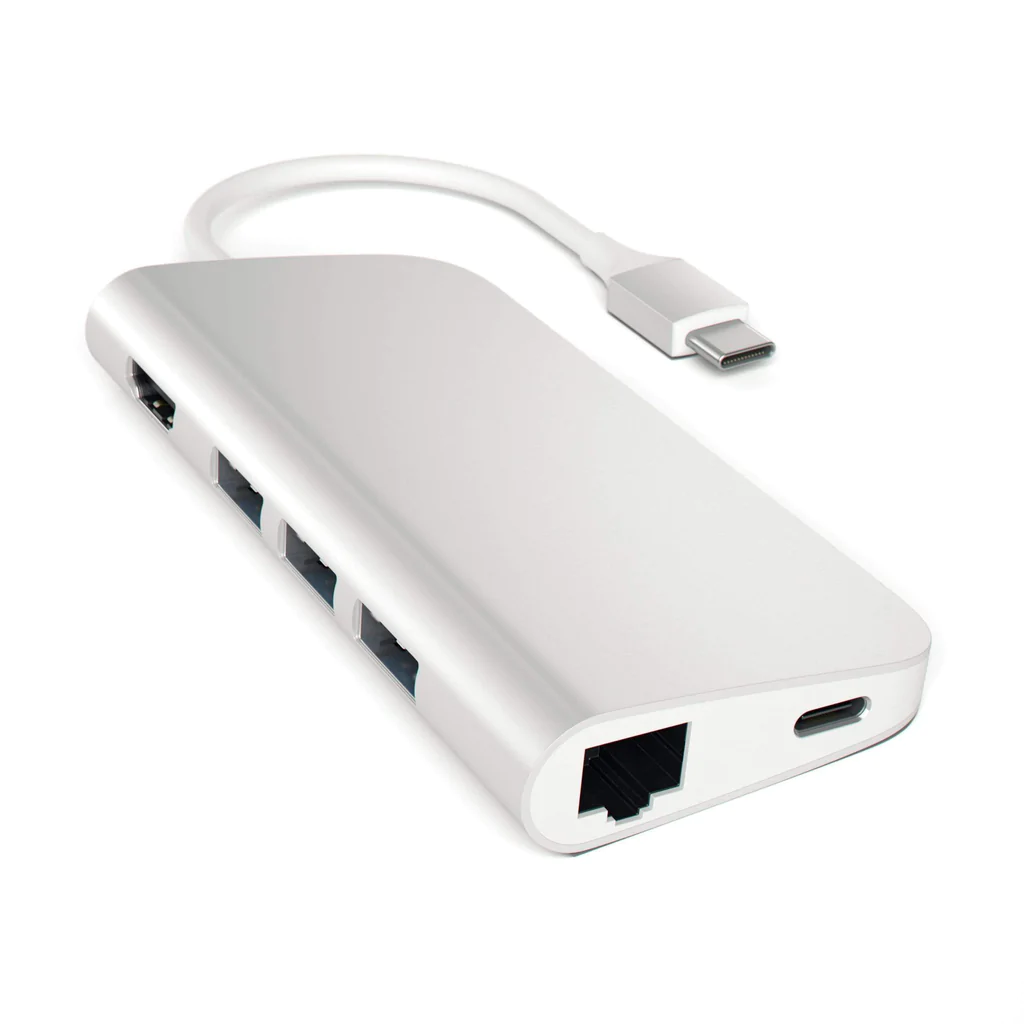 Док-станция Satechi Aluminum Multi-Port Adapter 4K with Ethernet для Apple, 3xUSB 3.0, USB Type-C, RJ-45, HDMI, SD, micro-SD, серебристый (ST-TCMAS)