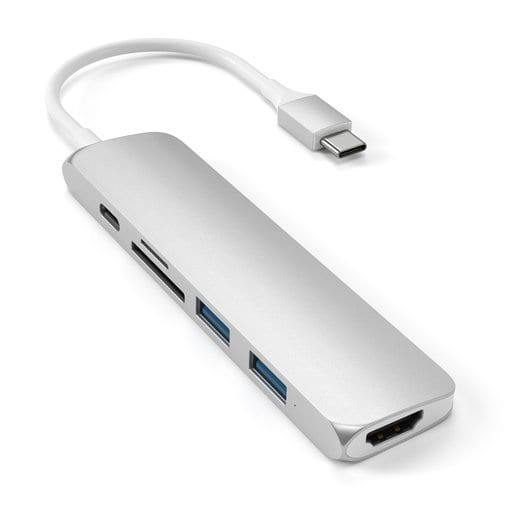 Док-станция Satechi Type-C Slim Multiport Adapter V2 для Apple, 2xUSB 3.0, USB Type-C, HDMI, SD, micro-SD, серебристый (ST-SCMA2S)