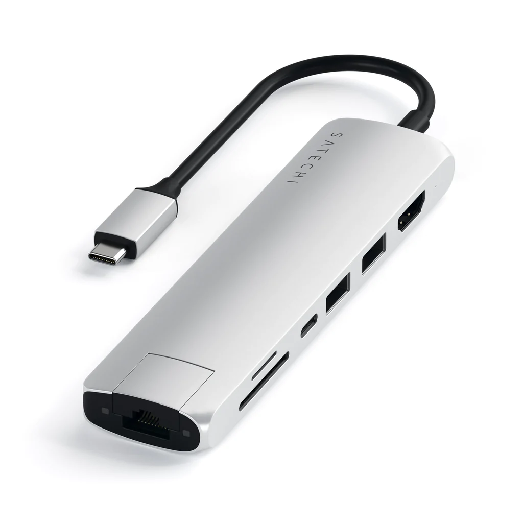 Док-станция Satechi Slim Multiport для Apple MacBook, 2xUSB 3.0, USB Type-C, HDMI, RJ-45, SD, micro-SD, серебристый (ST-UCSMA3S)