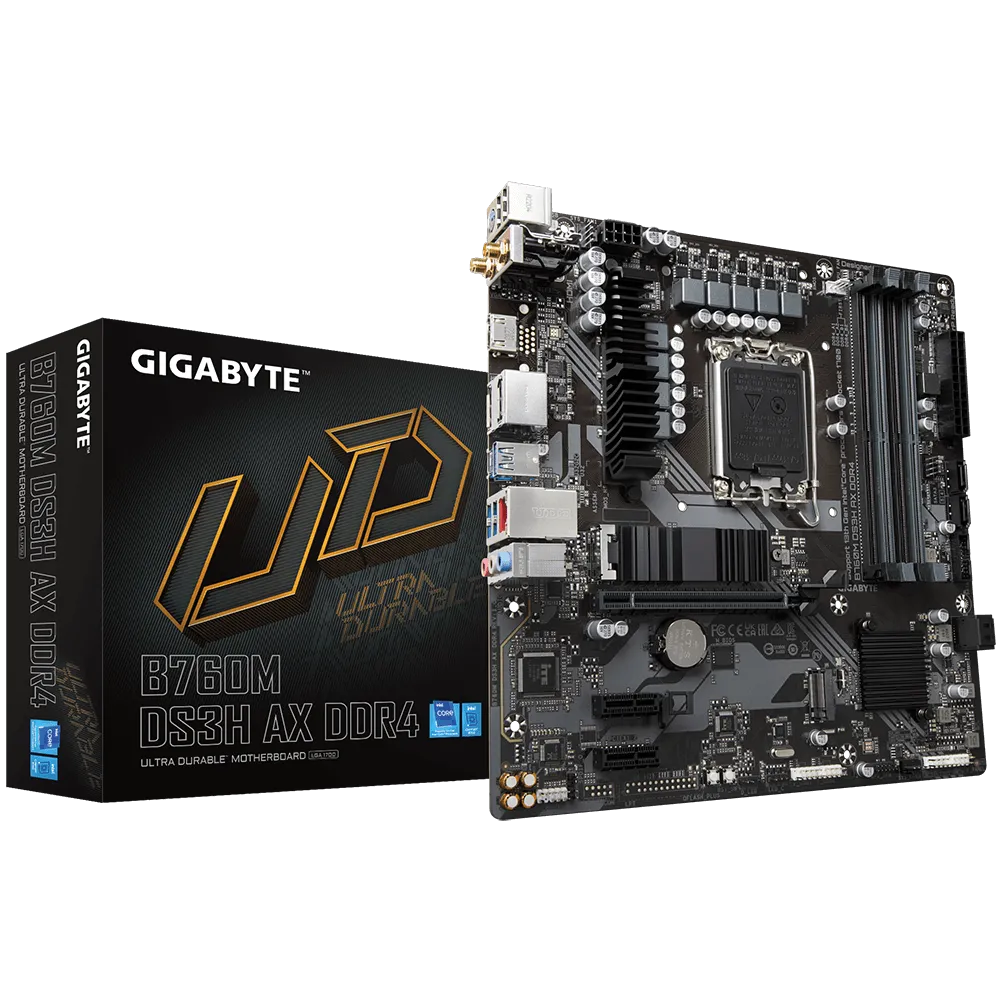 Материнская плата GIGABYTE B760M DS3H AX DDR4, Socket1700, Intel B760, 4xDDR4, PCI-Ex16, 4SATA3, 7.1-ch, 2.5GLAN, 5 USB 3.2, 1 USB Type-C, HDMI, DP, mATX, Retail - фото 1