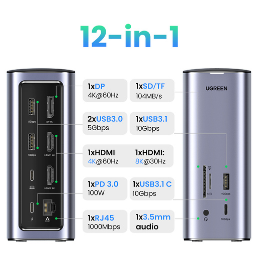 Док-станция UGREEN CM555 для Apple MacBook, x3 USB 3.1, x2 USB Type-C, SD, microSD, x2 HDMI, RJ-45, DisplayPort, Mini-jack 3.5 mm (out), серый (90325)