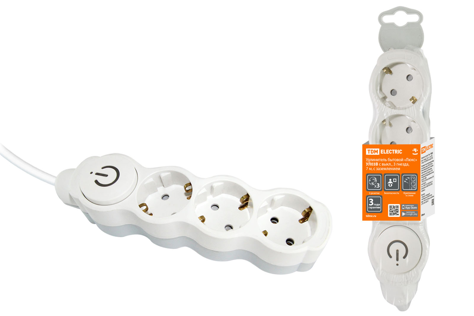 Удлинитель TDM Люкс УЛ03В выкл, 3-розетки, 7м, белый/серый (SQ1303-0180)