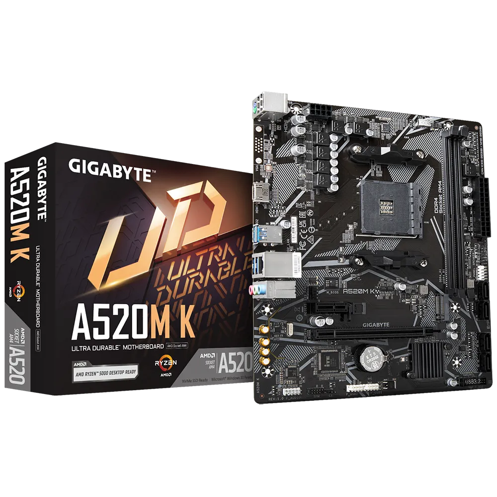 

Материнская плата GIGABYTE A520M K, SocketAM4, AMD A520, 2xDDR4, PCI-Ex16, 4SATA3, 7.1-ch, GLAN, 6 USB 3.2, HDMI, mATX, Retail, A520M K