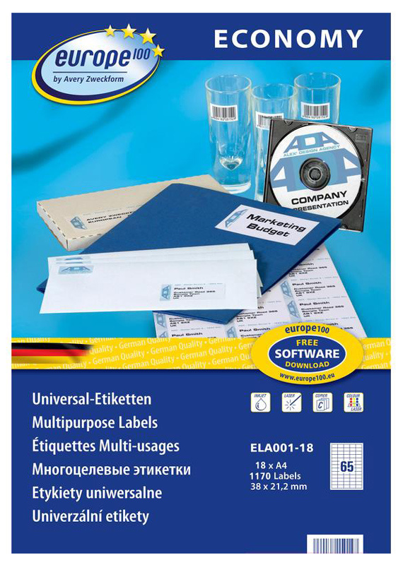 

Этикетка самоклеящаяся EUROPE100 ELA001-18, односторонняя, матовая, 38x21.2мм, 65шт. на листе A4, 18л., белый (ELA001-18), ELA001-18
