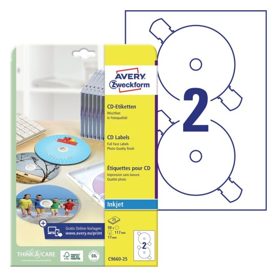 

Этикетка самоклеящаяся Avery Zweckform CD/DVD C9660-25, односторонняя, глянцевая, 117x117мм, 2шт. на листе A4, 25л., белый (C9660-25), C9660-25