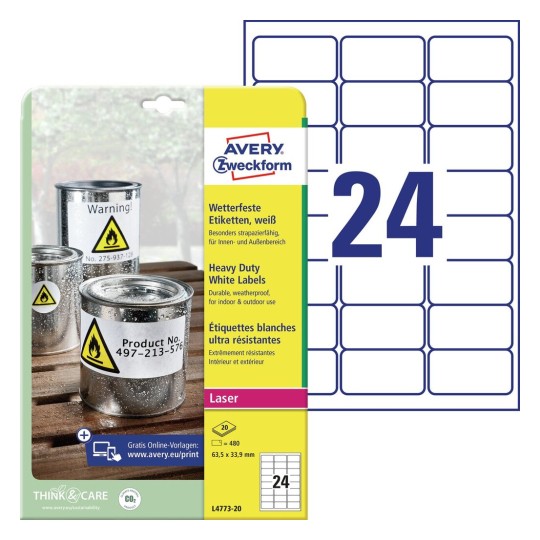 Наклейки Avery Zweckform L4773-20, 63.5x3.39 см, 24 шт. на листе A4