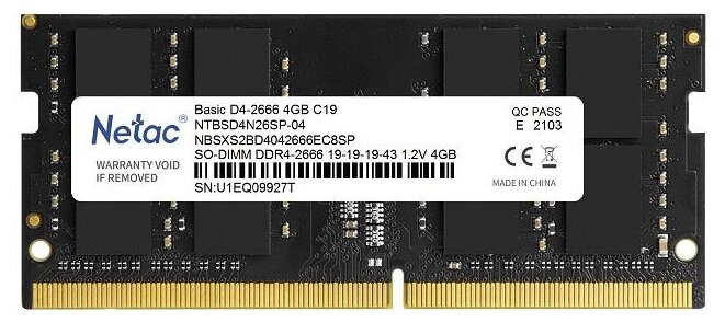 

Память DDR4 SODIMM 4Gb, 2666MHz, CL19, 1.2 В, Netac, Basic (NTBSD4N26SP-04), NTBSD4N26SP-04