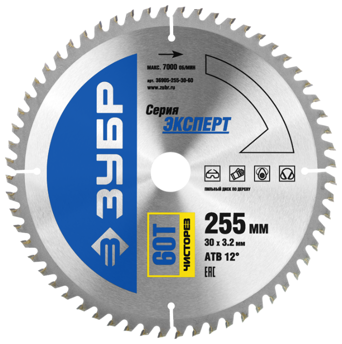 

Пильный диск ЗУБР Эксперт, ⌀255 мм x 30 мм по дереву, 60T, 1 шт. (36905-255-30-60_z01)