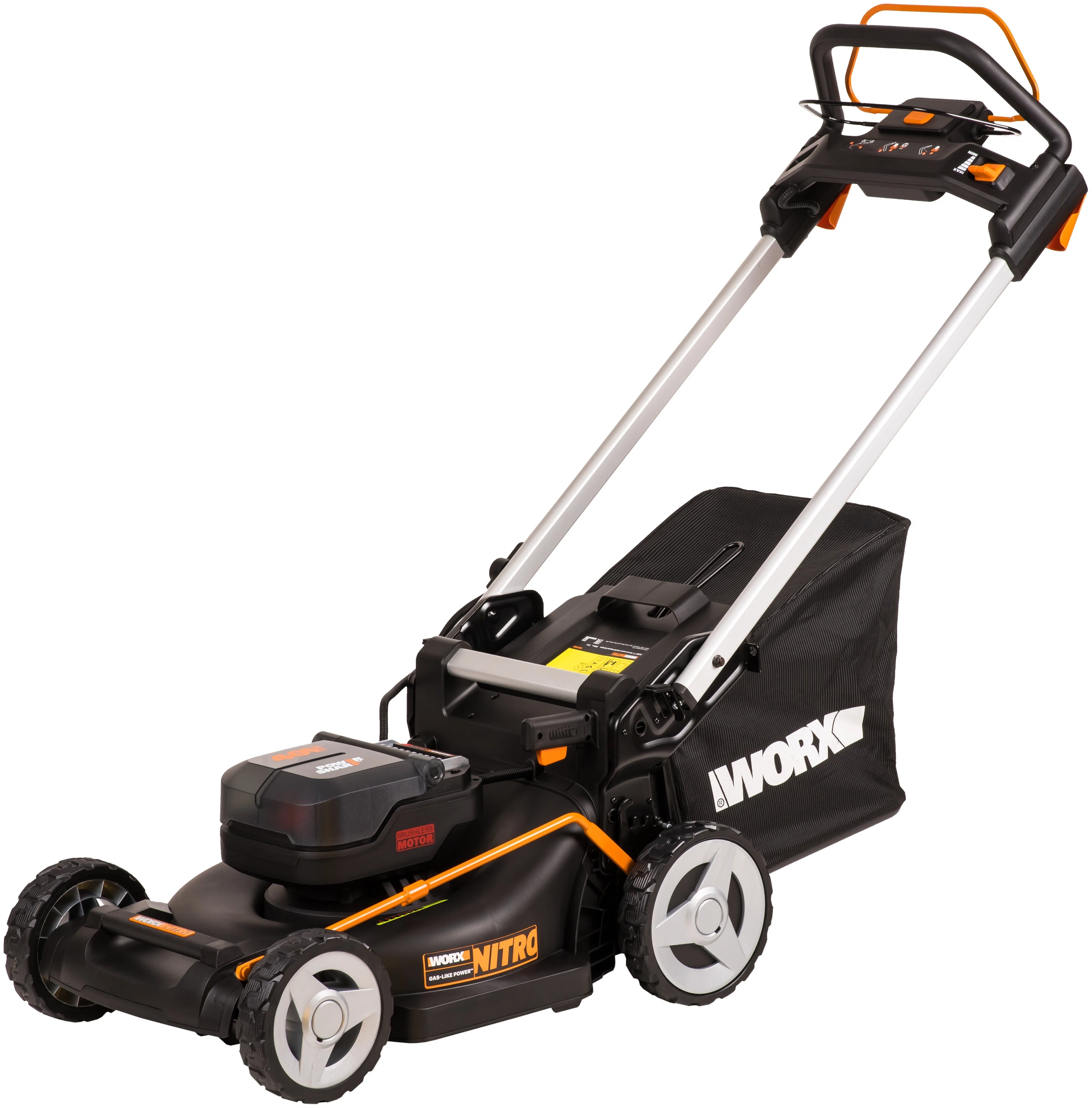 

Самоходная газонокосилка WORX WG749E, бесщеточный, аккумуляторная, Li-Ion, 4 А·ч, 40В, ширина скашивания 46 см, высота скашивания 20мм-80мм, объем травосборника 55л., 27.5 кг, 2 АКБ + 2 ЗУ (WG749E), WG749E