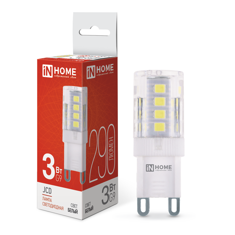 

Лампа светодиодная G9, 220В, 3Вт, 290лм, 4000/нейтральный, IN HOME LED-JCD (4690612036267), LED-JCD