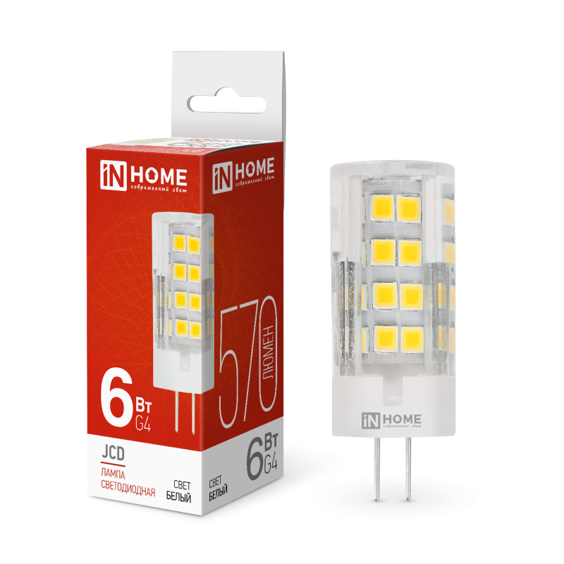 Лампа светодиодная, G4, 220 В, 6 Вт, 4000K, IN HOME LED-JCD