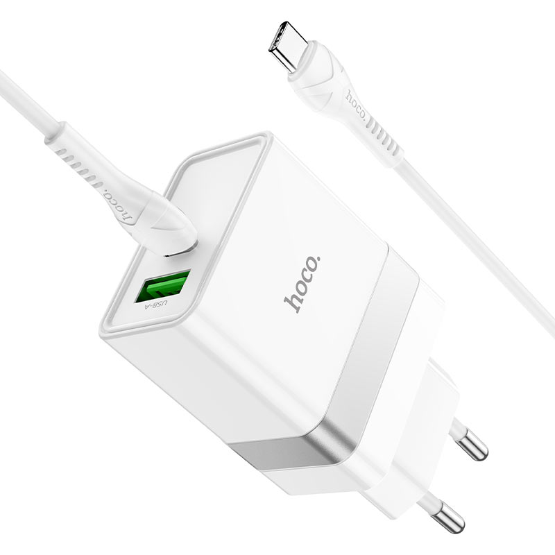 

Сетевое зарядное устройство Hoco N21 Topspeed, USB, USB type-C, Quick Charge, 3A, белый (6931474757791), кабель USB Type C, N21 Topspeed