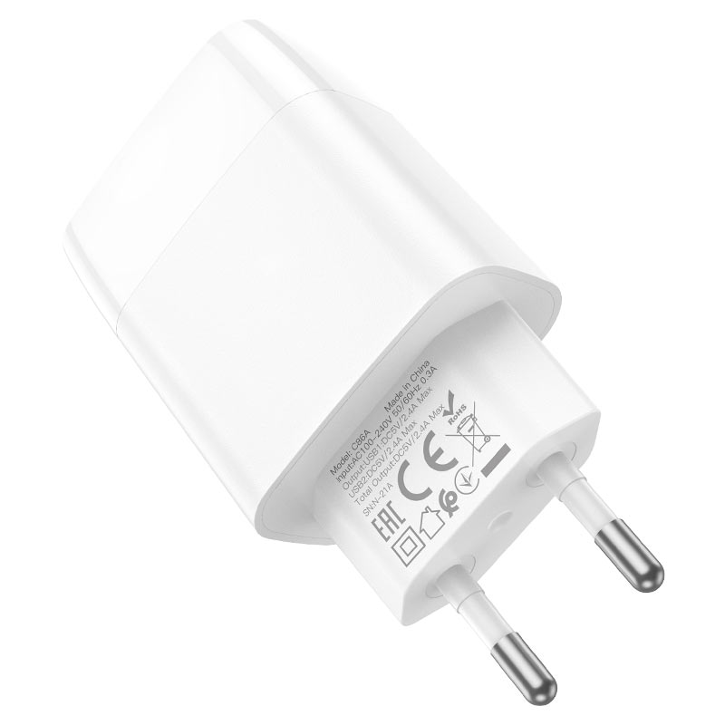 Сетевое зарядное устройство Hoco C86A Illustrious, 2xUSB, 2.4A, белый (6931474746306), micro USB - фото 1