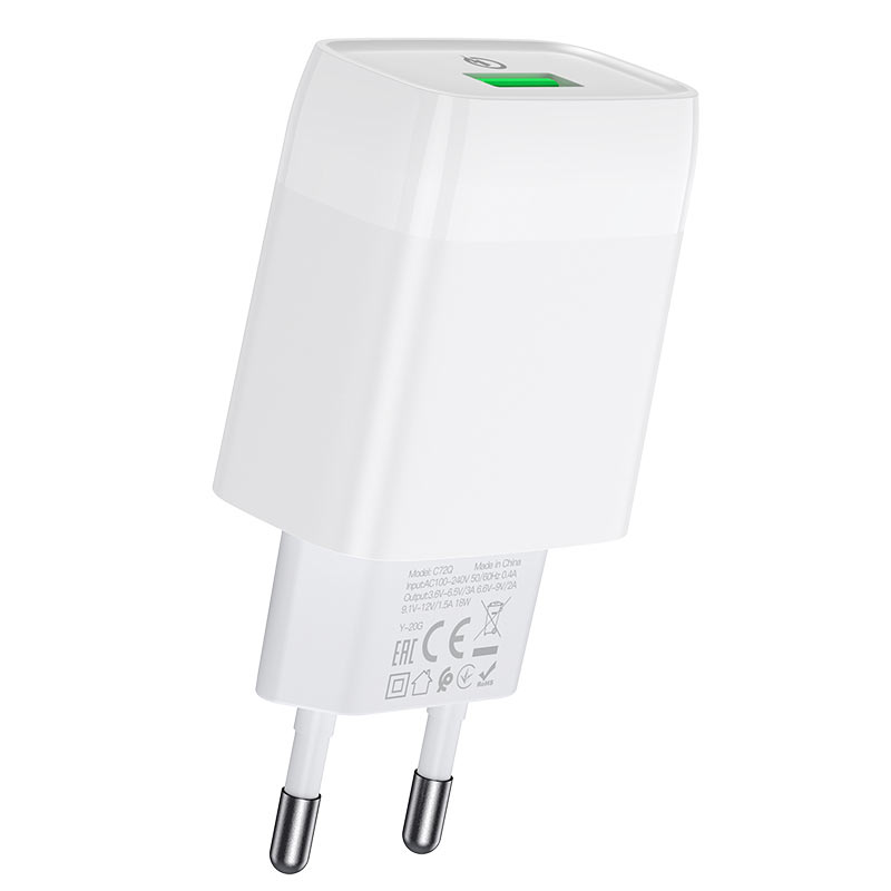 

Сетевое зарядное устройство Hoco C72Q Glorious 18 Вт, USB, Quick Charge, 3А, белый (6931474732514), C72Q Glorious