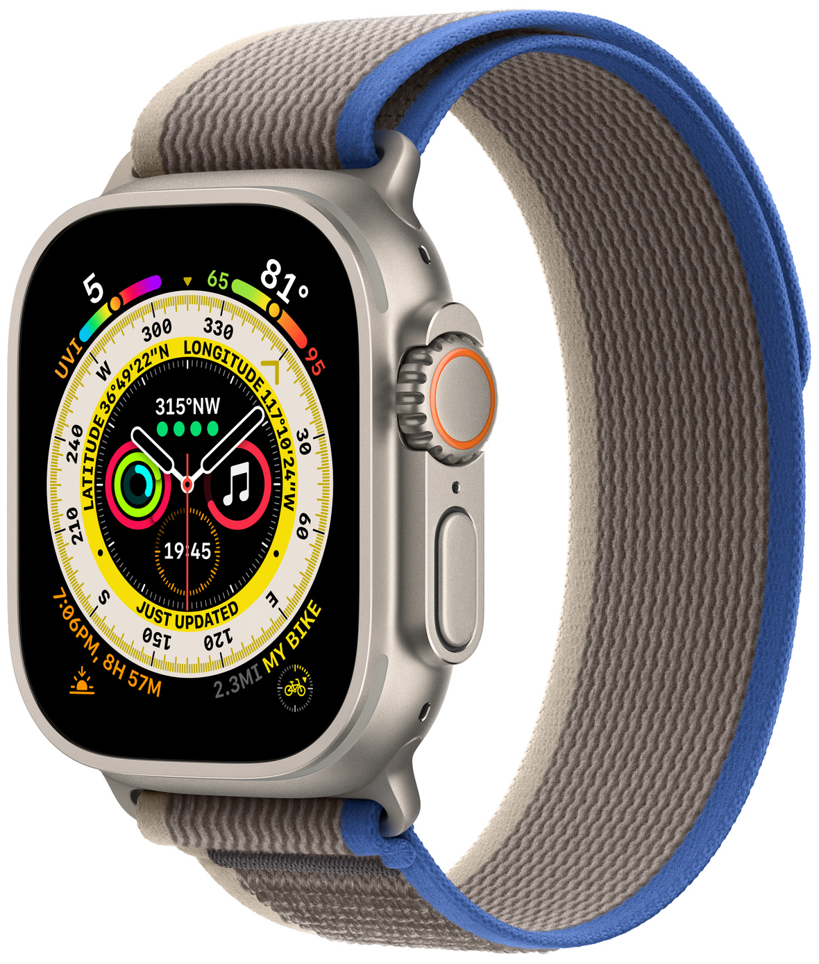 

Смарт-часы APPLE Watch Ultra 49 mm S/M OLED, титановый/сине-серый Trail Loop (MQF33LL/A), Watch Ultra 49 mm S/M