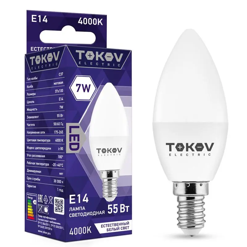 

Лампа светодиодная E14 свеча/C37, 7Вт, 4000 K / нейтральный свет, 550лм, TOKOV ELECTRIC (TKE-C37-E14-7-4K)