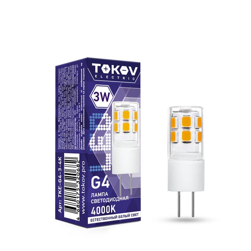 Лампа светодиодная, G4, 220 В, 3 Вт, 4000K, TOKOV ELECTRIC TKE-G4-3-4K