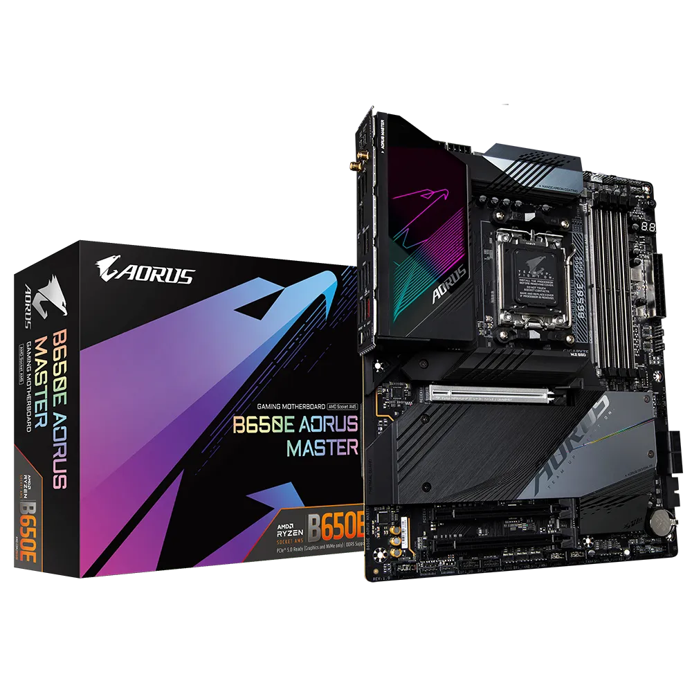 

Материнская плата GIGABYTE B650E AORUS MASTER, AM5, AMD B650, 4xDDR5 DIMM, 3PCI-Ex16, 4SATA3, 5.1-ch, 2.5GLAN, 10 USB 3.2, 2 USB Type-C, HDMI, ATX, Retail, B650E AORUS MASTER