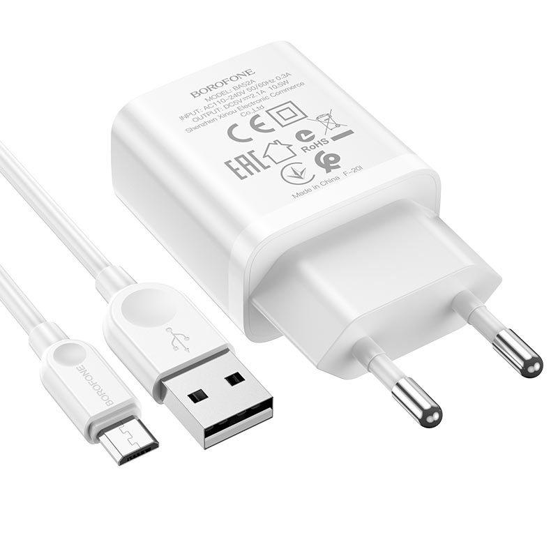 

Сетевое зарядное устройство Borofone BA52A Gamble, USB, 2.1A, белый (6931474737359), micro USB, BA52A Gamble