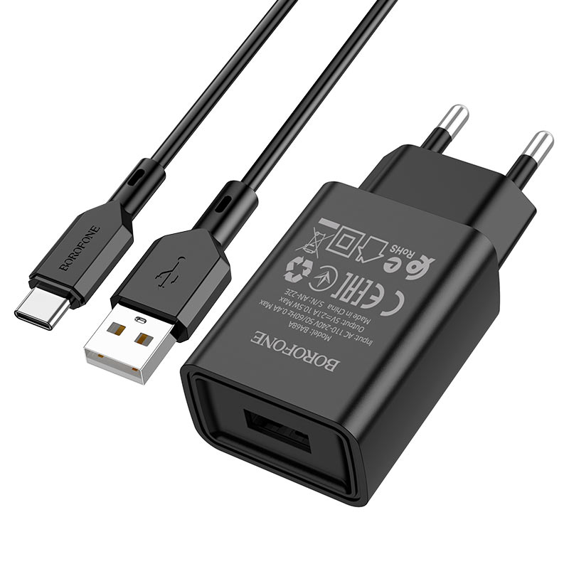 

Сетевое зарядное устройство Borofone BA68A Glacier, USB, 2.1A, черный (6974443385724), кабель USB Type C, BA68A Glacier