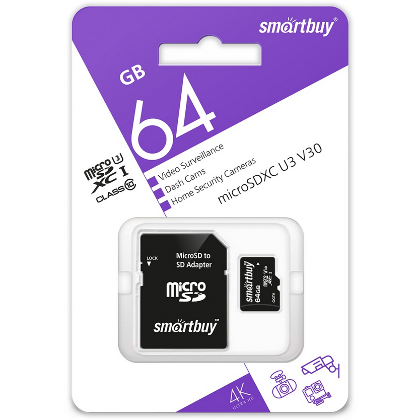 Карта памяти 64Gb microSDHC SmartBuy Class 10 UHS-I U3 V30 + адаптер (SB64GBSDCCTV)