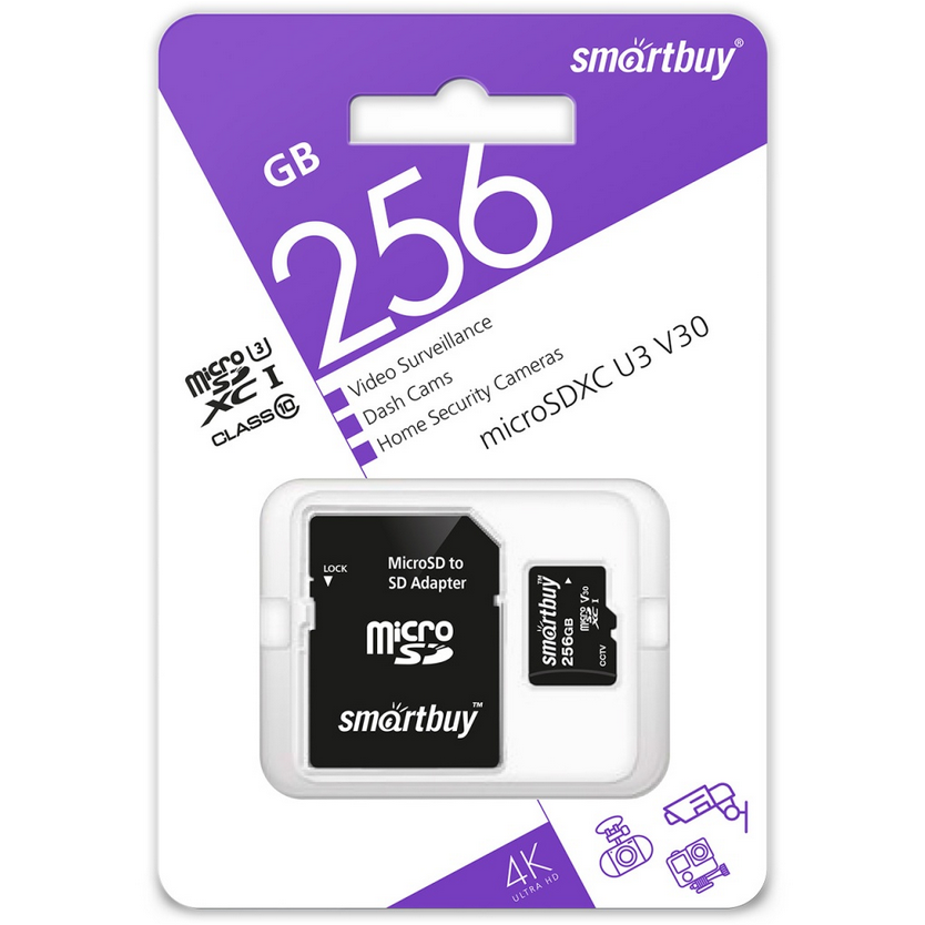 Карта памяти 256Gb microSDHC SmartBuy Class 10 UHS-I U3 V30 + адаптер (SB256GBSDCCTV)