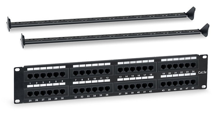 

Патч-панель в шкаф 19" 2U, порты: 48 x RJ-45 кат. 5e, органайзер, черный, WRLine (WR-PL-48-C5E-D)
