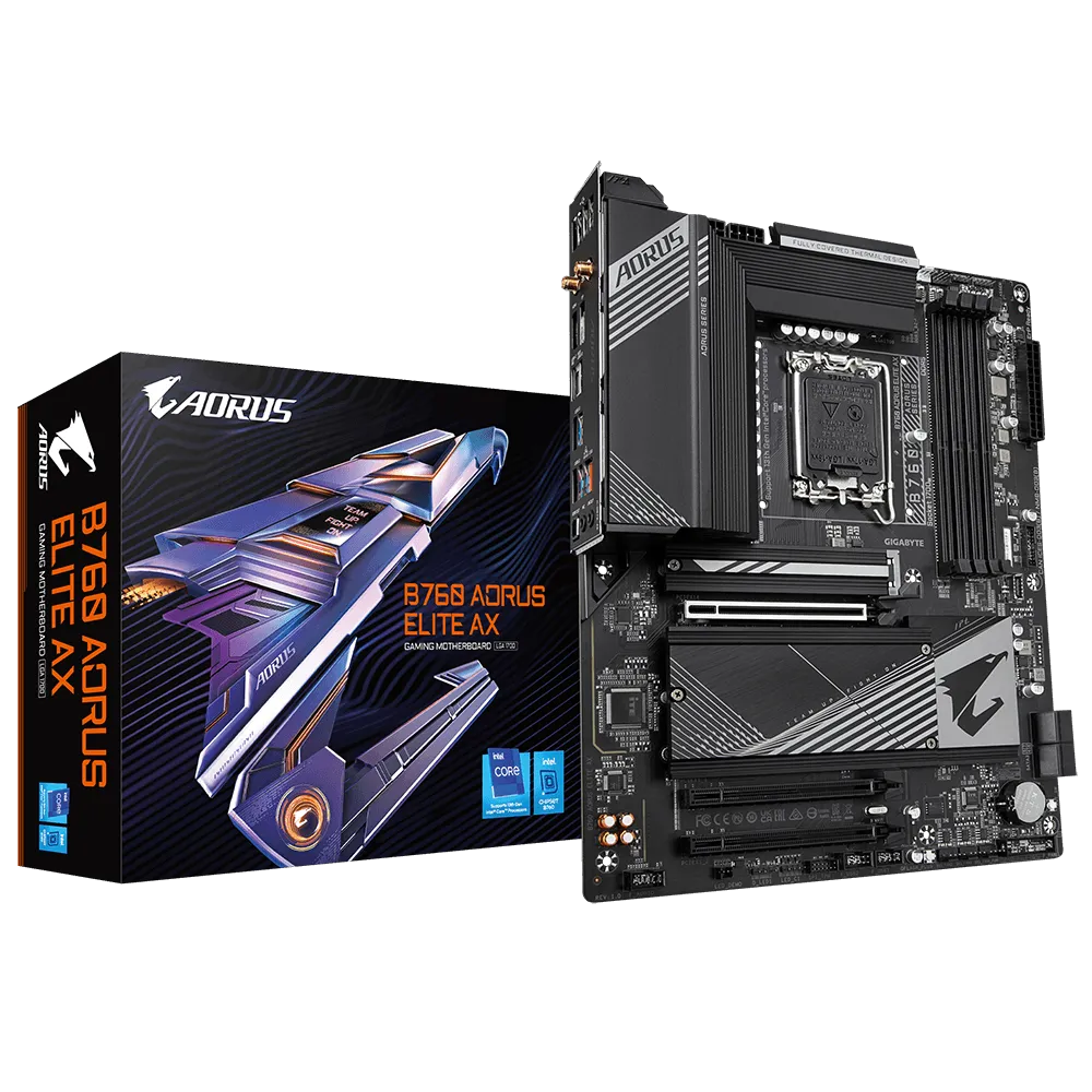 

Материнская плата GIGABYTE B760 AORUS ELITE AX, Socket1700, Intel B760, 4xDDR5 DIMM, 3PCI-Ex16, 4SATA3, 7.1-ch, 2.5GLAN, 7 USB 3.2, 2 USB Type-C, HDMI, DP, ATX, Retail, B760 AORUS ELITE AX