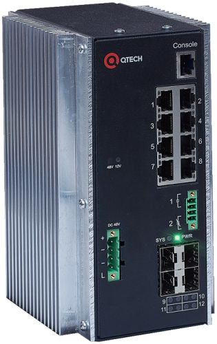Коммутатор QTECH QSW-3310-12T-I-POE-DC, управляемый, кол-во портов: 8x1 Гбит/с, кол-во SFP/uplink: SFP 4x1 Гбит/с, на DIN-рейку, PoE:8x30Вт (макс. 180Вт) (0)