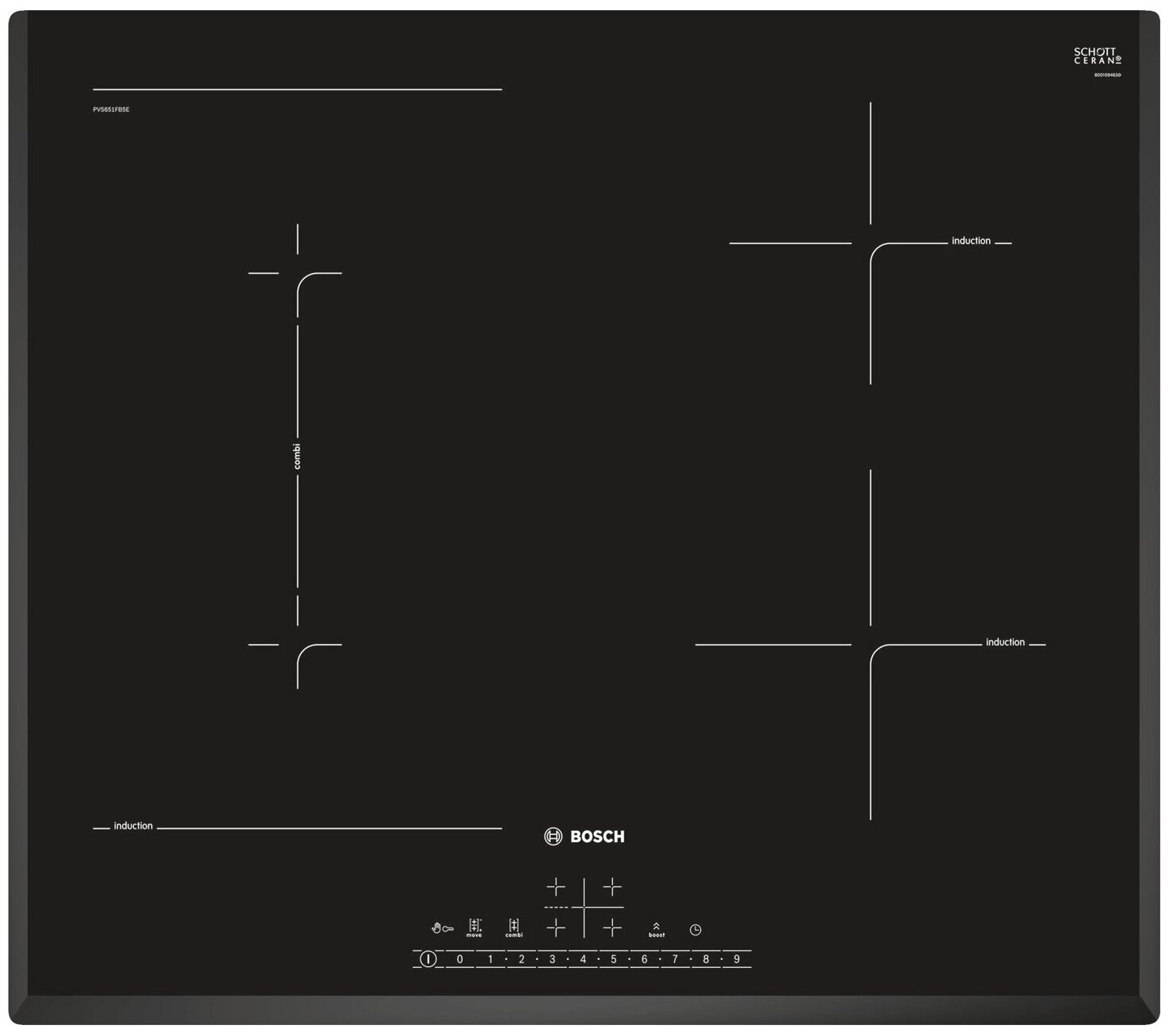 

Индукционная варочная панель Bosch PVS651FB5E, 4 конфорки, черный (PVS651FB5E), Черная, PVS651FB5E