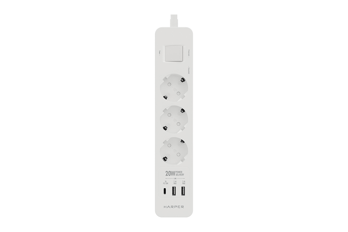

Сетевой фильтр HARPER UCH-430, 3-розетки, 2 USB и 1USB-C, 3 м, белый (UCH-430 White), UCH-430