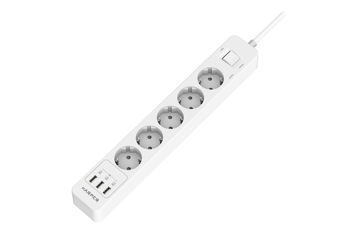 

Сетевой фильтр HARPER UCH-510, 5-розеток, 3xUSB, 10 м, белый (UCH-510 White), UCH-510