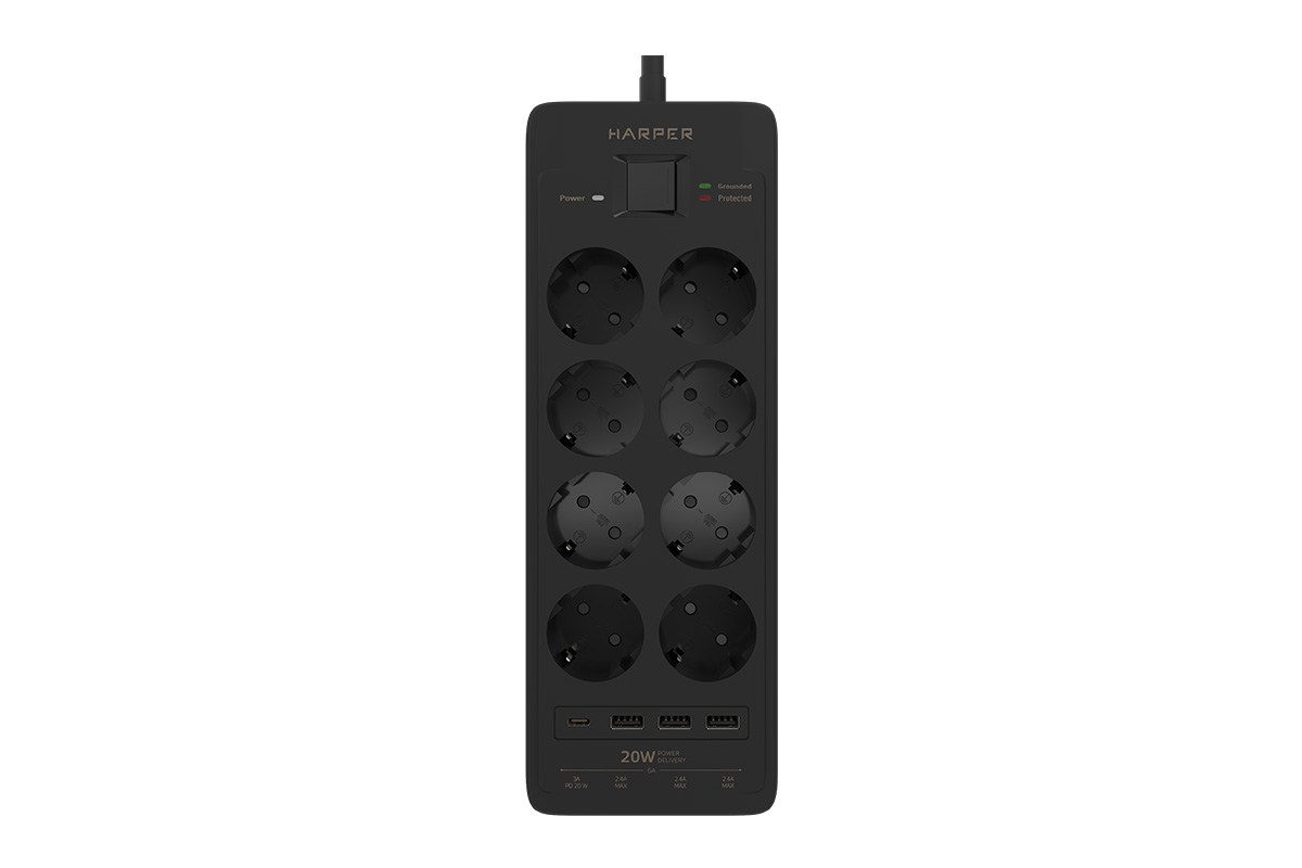 

Сетевой фильтр HARPER UCH-650, 8-розеток, 3 USB и 1 USB-C, 5 м, черный (UCH-650 Black), UCH-650