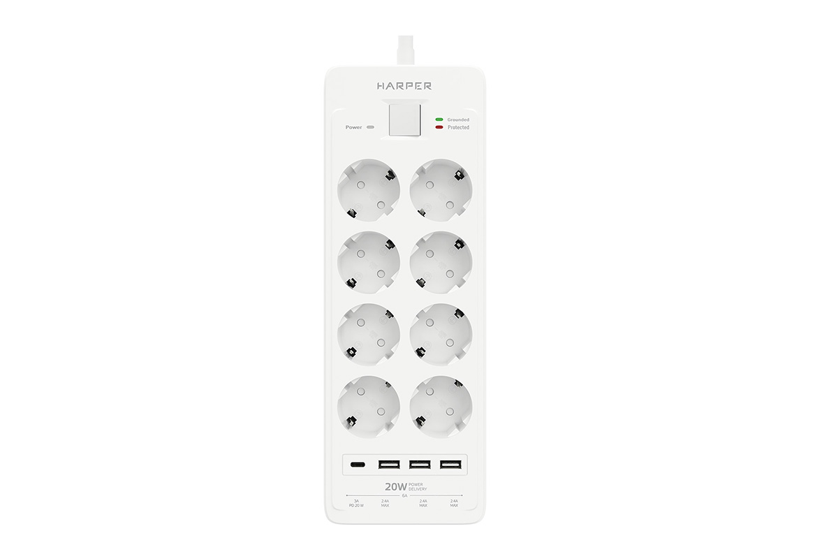 Сетевой фильтр HARPER UCH-650, 8-розеток, 5 м, белый
